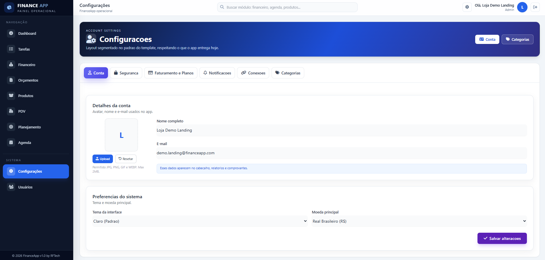 FinanceApp em uso